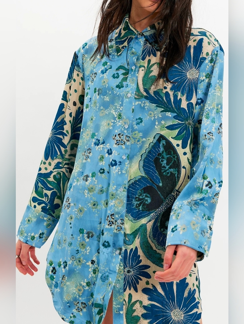 Free People Blue Floral & Butterfly Button-Up Tunic - Picture 2 of 5